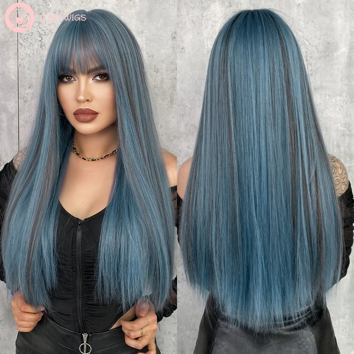 7JHH WIGS Highlight Blue Wig for Woman Daily Party Long Straight Hair Wigs with Bangs Natural Synthetic Wig Heat Resistant