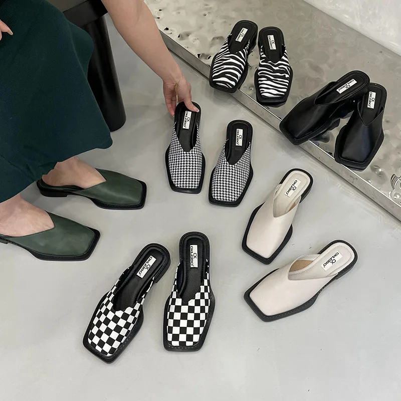 

Brand Designer Women Slippers Fashion Zebra Gingham Mules Flat Heels Square Toe Shallow Shoes Outdoor Slide Female Casual Sandal