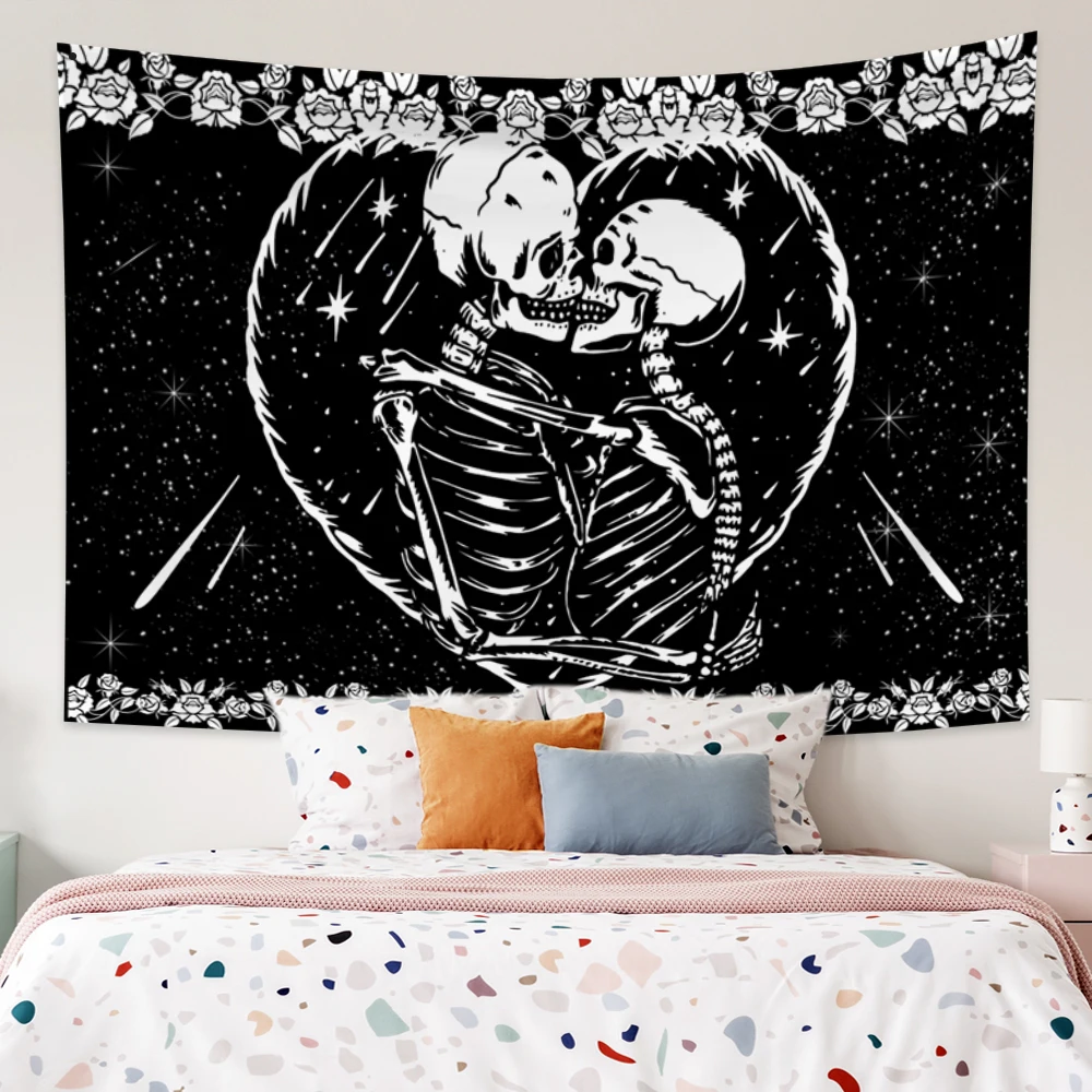 

Romantic Skull Tapestry The Kissing Lovers White And Black Aesthetic Suitable Wall Hanging For Living Room Bedroom Dormitory