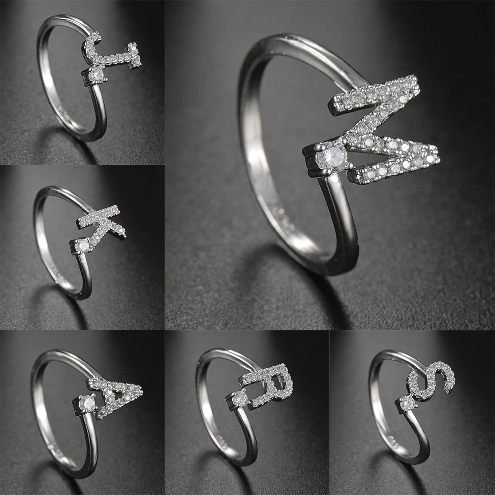 

Hot Sale Trendy Letters Ring Silver Plated Clear Crystal Lovers Wedding Gift Alphabet Name Adjustable Opening Rings Jewelry