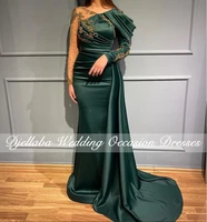 eleglant jade green satin dubai evening dresses long sleeve crystal beaded ruched mermaid prom gown wear robes de soir%c3%a9e
