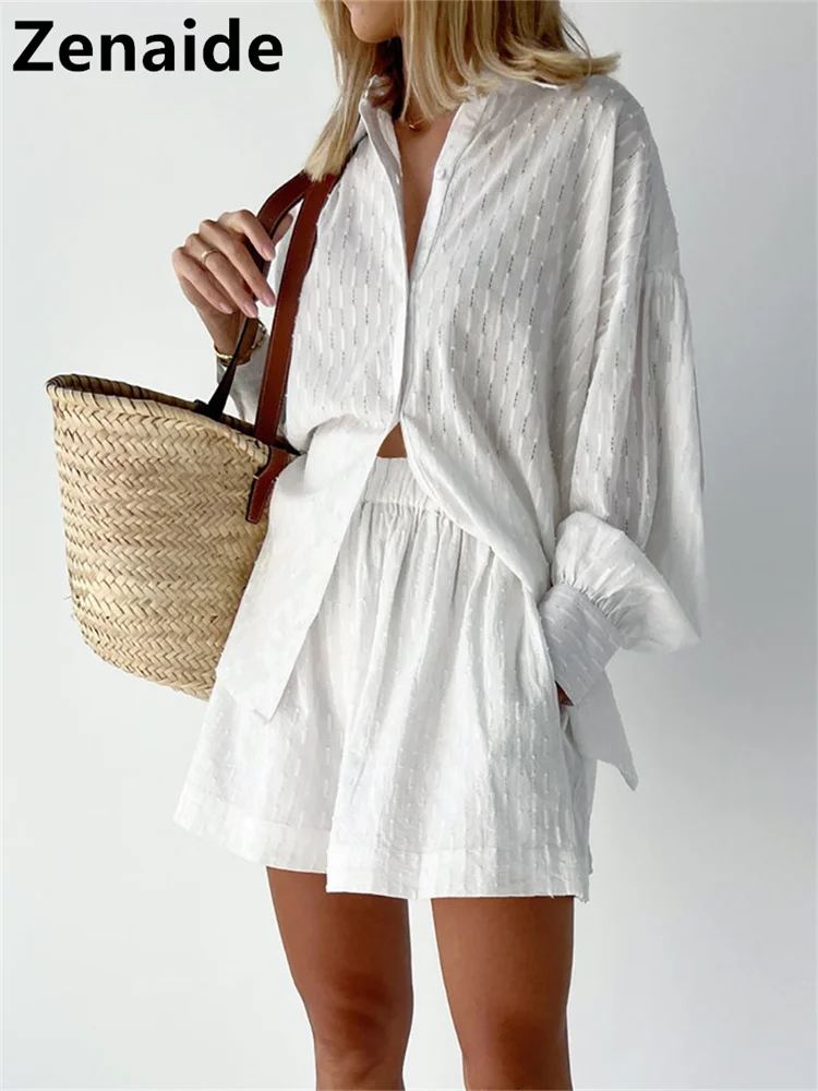 

Zenaide Cotton Long Sleeve Shirts Tops And Shorts Ladies Suit Oversized Fashion Women Summer Two Piece Set 2022 Loungewear