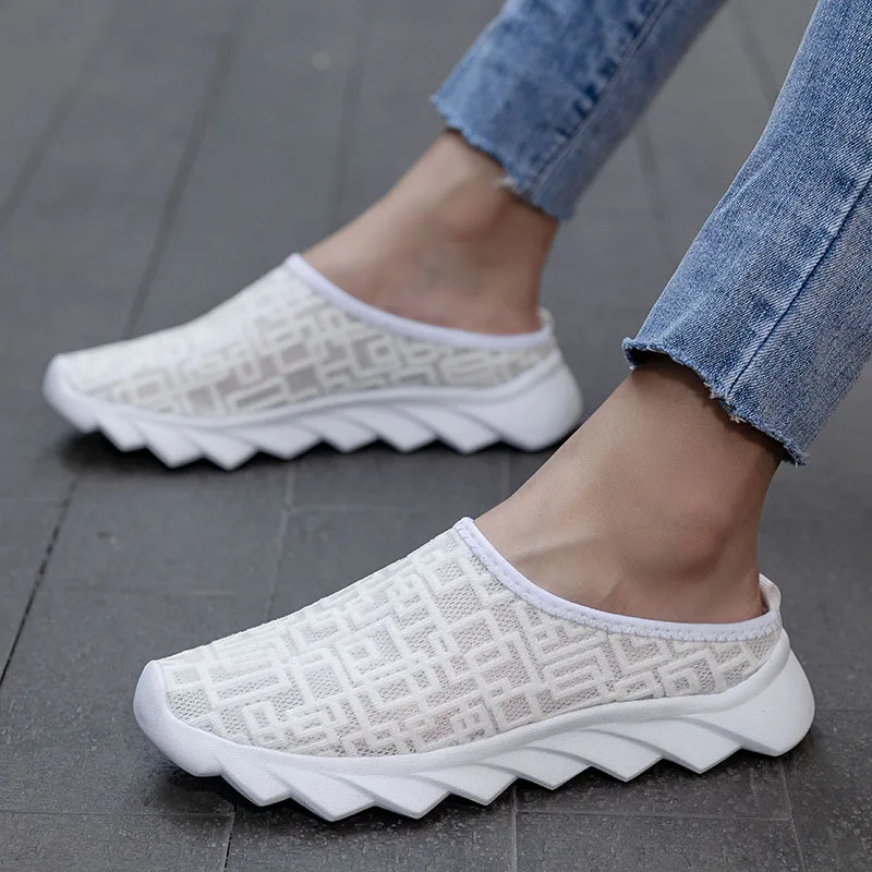 

New Unisex Transparent Lace Plaid Slippers Couple Light Muller Women Men Non-slip Flat Shoes Large Size Outdoor Convenient Shoes