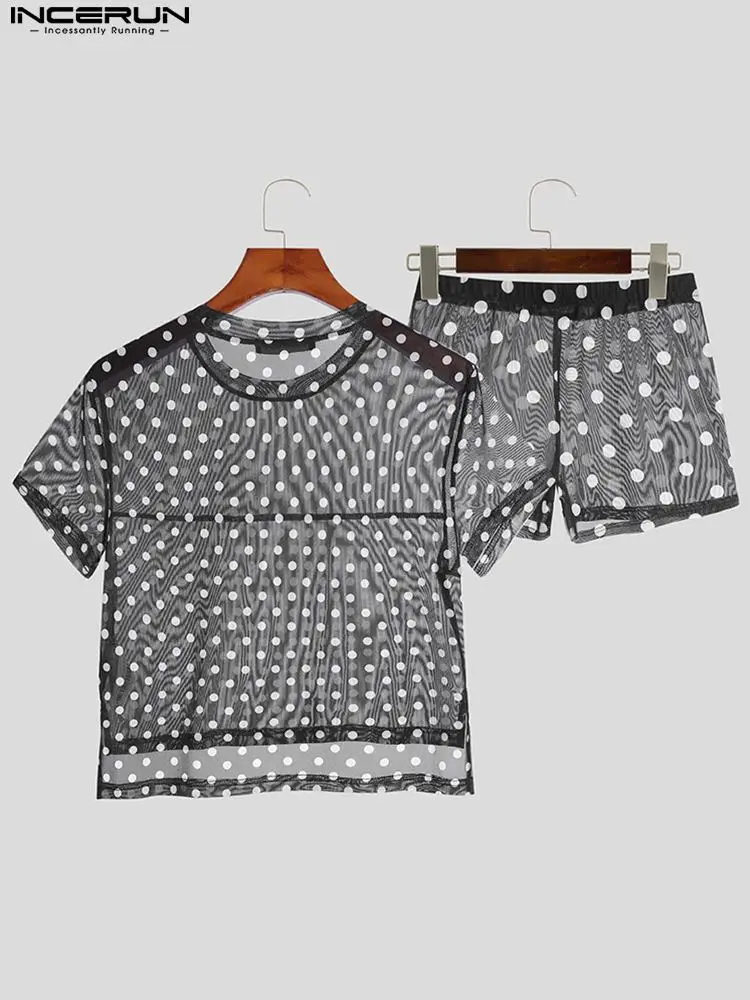 Sexy Casual New Men's See Through Pajama Sets Short Sleeve Polka Dot Shirts Shorts Male Comfortable Homewear S-5XL INCERUN 2022