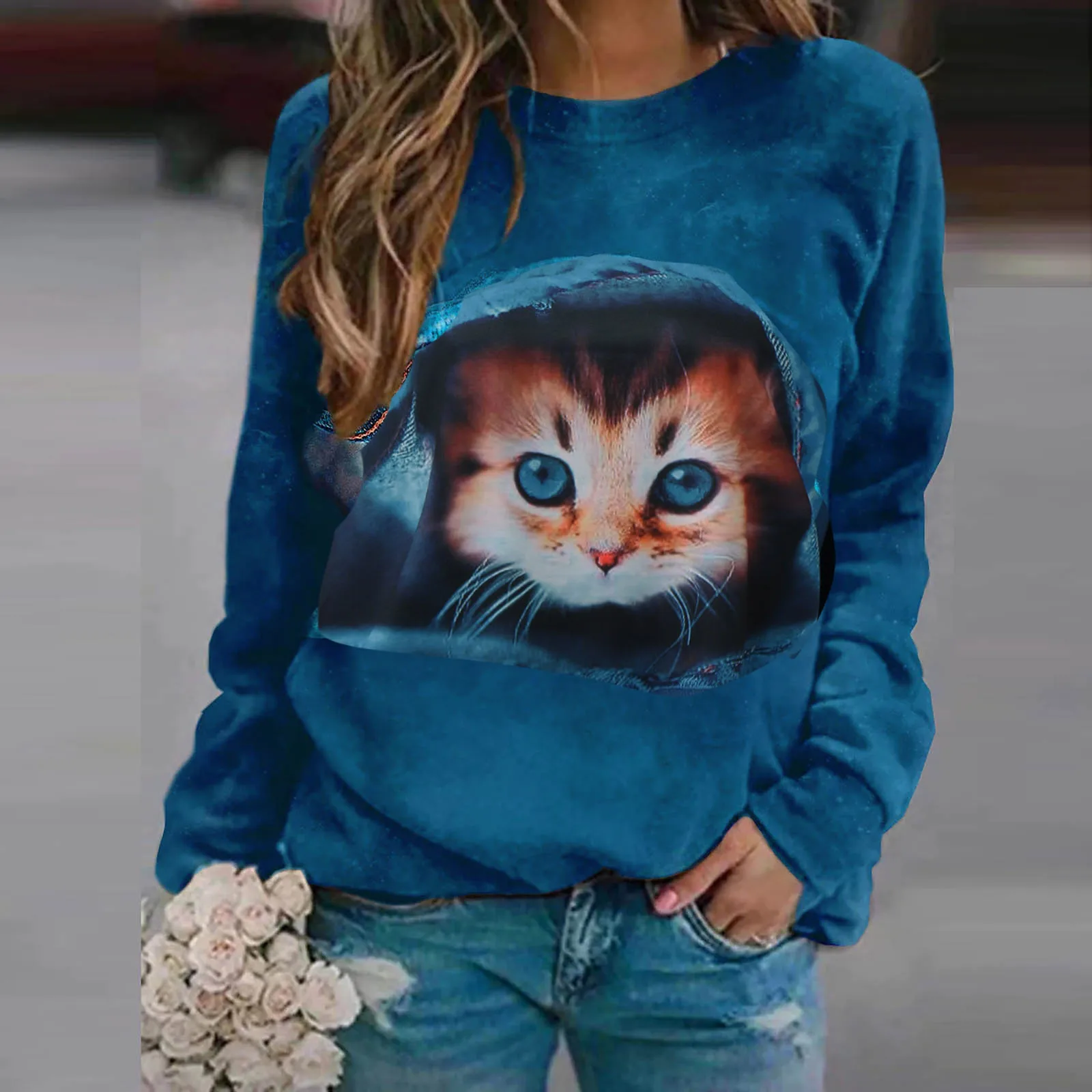 

Long Soft Sweatshirts Women Ladies Round Neck Cat Print Long Sleeve Print Zip Sweatshirt Womens Women Casual Hoodie Dress