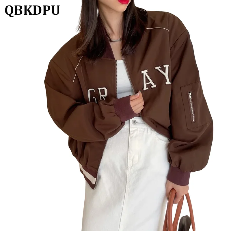 

Embroidery Zipper Bomber Baseball Jackets Women's Korean Casual Stylish CLassic Coats Spring Streetwear Retro Baggy Outwear
