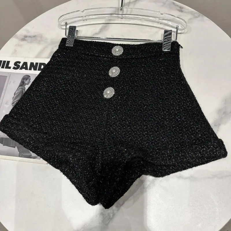 Winter New Classic Small Fragrance Tweed Shorts Women High Waist Elegant Pearl Buckle Simple Solid Color