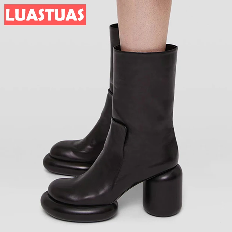 

LuasTuas Short Boots For Women Real Leather Shoes Thick Bottom 2022 New Arrival Boots Fashion Casual Female Footwear Size 34-43