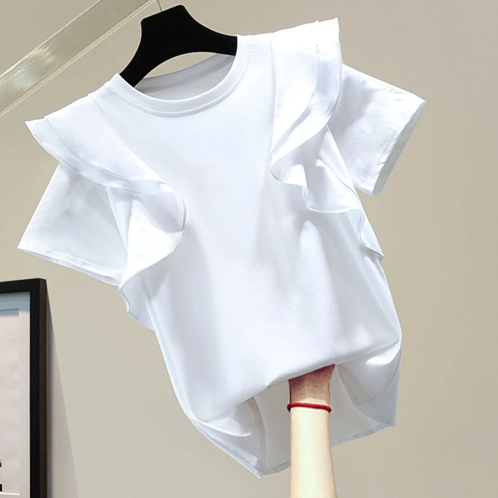 

Женская футболка 2022, летний топ, однотонная стандартная футболка с коротким рукавом и круглым вырезом, прямая простая повседневная модная ж...