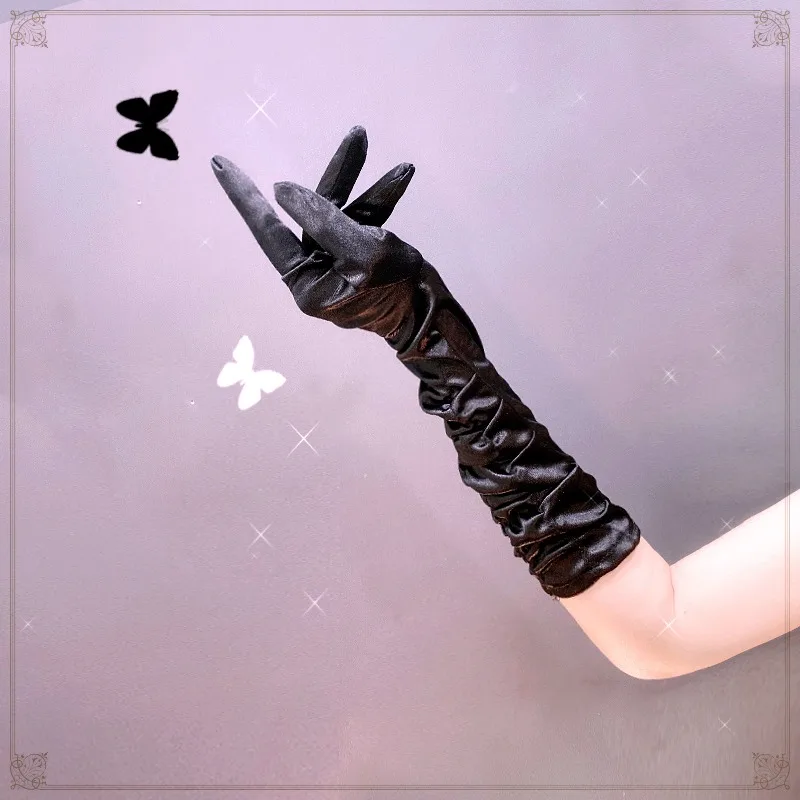 

Women Elbow Satin Fold Harajuku Punk Sexy Finger Glove Mitt Sexy Arm Cover Batcave Goth Rock Lolita Stage Party Costume