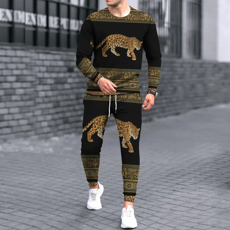 

2021 New Fashion Mens Sportswear Suit Men's 3D Cheetah Long-sleeved Sweater Slim Tshirt Pants 2 Sets Of Casual Men's Sports Suit