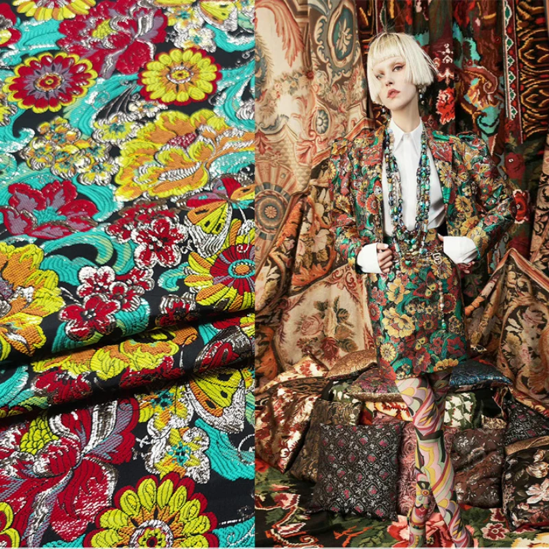 

Jacquard Brocade Fabric Floral Pattern Gold Wire Dress Trench Coat Set Stiff Fabrics European Brand Fashion Wholesale Cloth