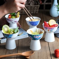 creative high feet ceramic fruit bowl porcelain painted flowers dessert bowl snack dish restaurant tableware kitchen utensils
