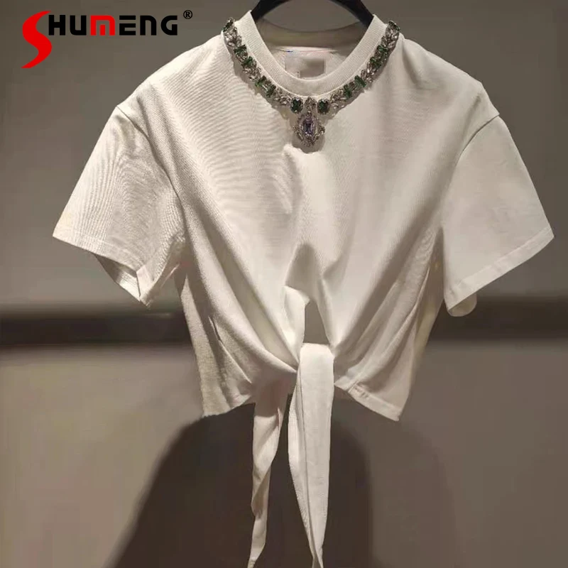 

Rhinestone Lace-up Cotton T-shirts 2022 Spring Summer New Temperament Entry Lux Versatile O-neck Short Bottoming Tees for Women