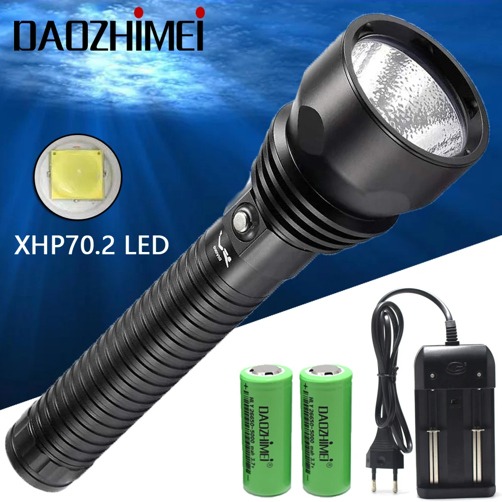 

Professional Scuba Diving Flashlight XHP70.2 LED dive torch light White/Yellow Light Underwater flashlgiht torch Use 2*26650