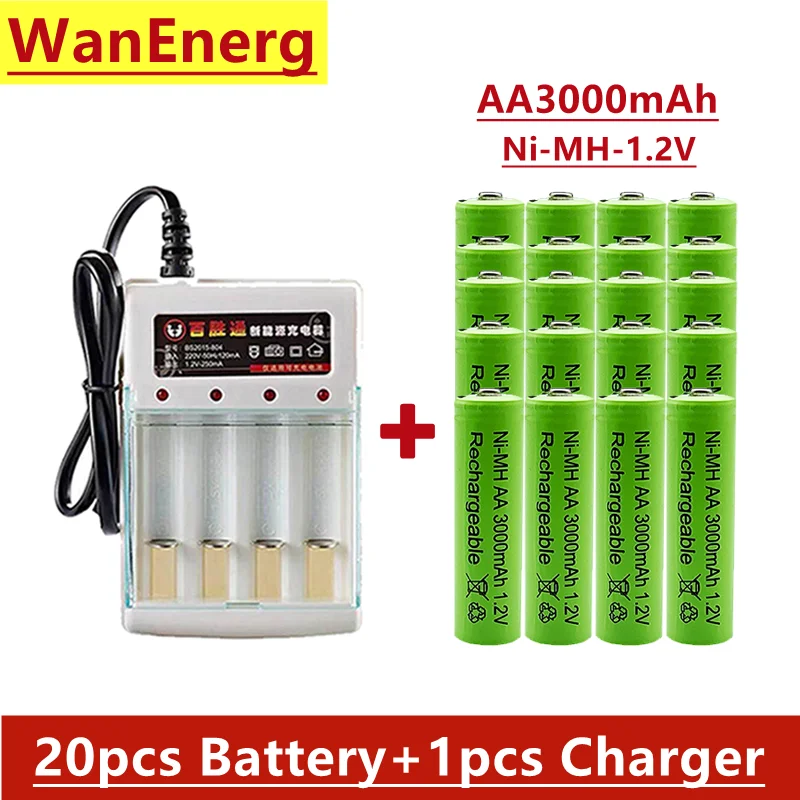 

1.2V AA rechargeable battery, 3000mAh, Ni MH technology, suitable for remote control, toys / computers, etc., sold with charger