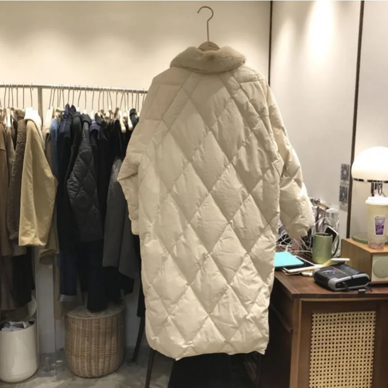 Oversize Parka Mujer Winter Clothes Women Female Warm Rhombus Pattern Fur Collar Cotton Overcoat Long Parkas Casual Thick Coats