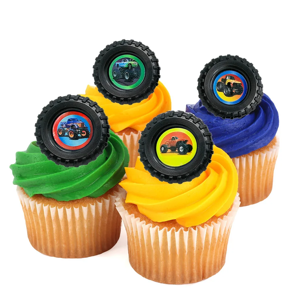 

12pcs/Set Monster Truck Cupcake Topper Rings with Stickers Race Car Theme Party Decorations Boy Birthday Gifts