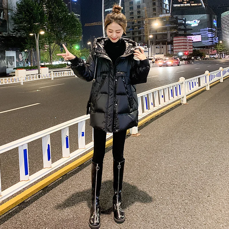 Winter Loose Glossy Down Cotton Coats Women 2023 New Solid Hooded Thicken Warm Padded Jacket Female Clothing Fashion Tops Parkas