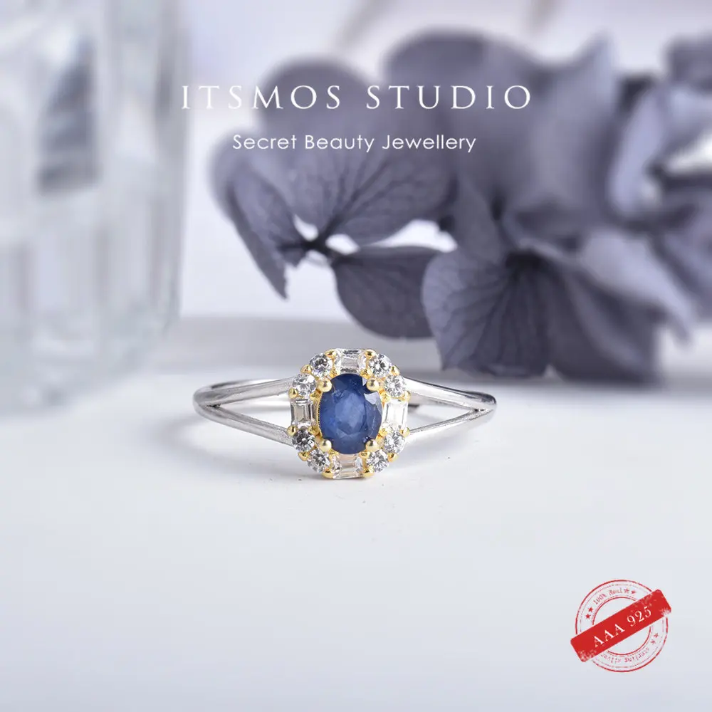 

ITSMOS Natural Blue Sapphire Ring 925 Sterling Silver Rings Natural Gemstone Square Crystal Bands for Women Elegant Jewelry
