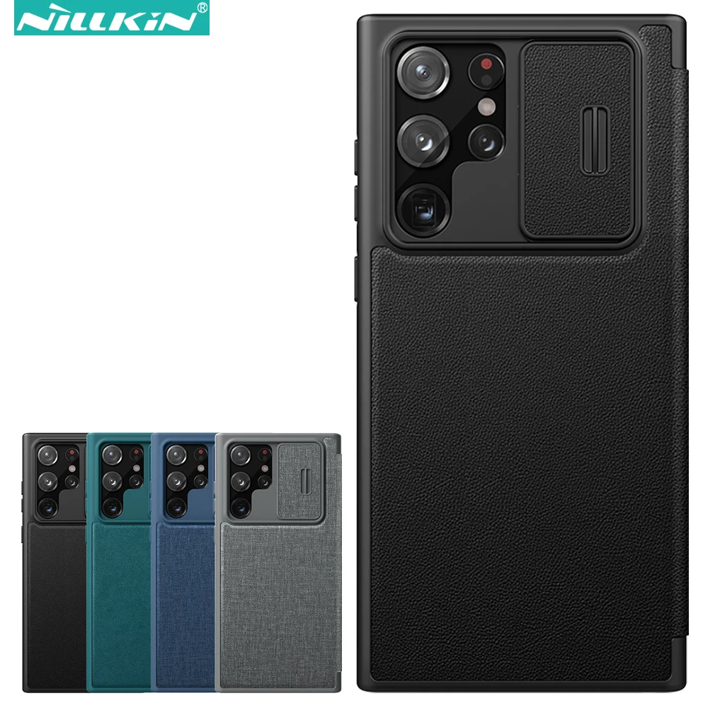 Чехол-книжка Nillkin Qin Pro для Samsung Galaxy S22 Ultra, кожаный чехол-книжка с линзами в деловом стиле, со слотом для карт, задняя крышка