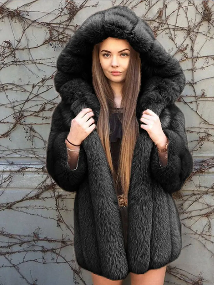 Women Winter Hooded Plush Faux Fur Overcoat Female Casual Elegant Loose Coat Jackets 2022 New Lapel Full Sleeve Fashion Coat
