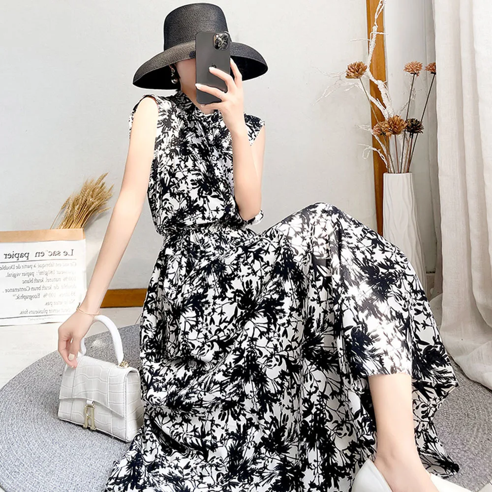 

Summer Women's Sleeveless Dress Stand Collar Ink Print Elegant Long Dresses Floral Waist Female Chiffon Dress Lady Chic Vestidos