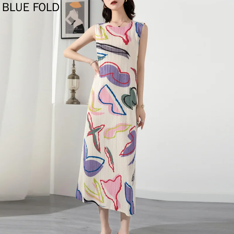 

Miyake Pleated Sleeveless Printed Dress 2022 Summer New Round Neck Temperament Niche A-line Bottoming Dresses PLEATS Vestido