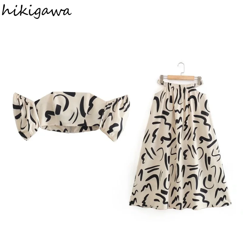 

Hikigawa Chic Fashion Women Sets Short Sleeve Graffiti Print Sexy Tube Tops + Vintage Streetwear High Waist Waistless Skirts
