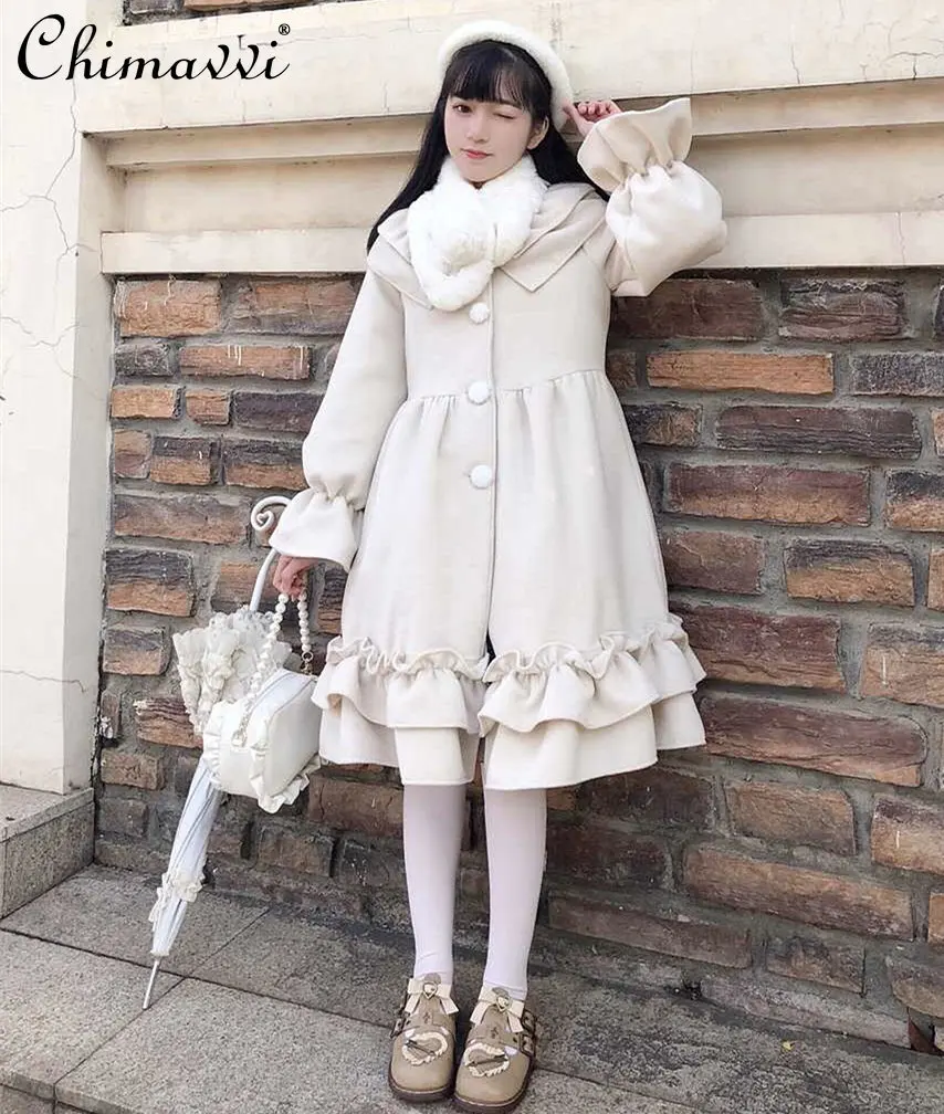 

Original Lace Collar Woolen Coat 2023 Spring and Autumn New Fashion Temperament Lolita Loose Kawaii Mid-Length Jacket All-match