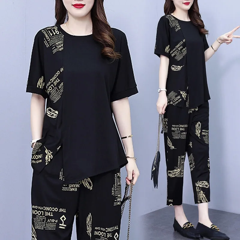

Summer Casual Print Tracksuit Two Piece Sets For Women 2023 Elegant Short Sleeve O-neck Black Loose Blouse Pants Trousers Suit
