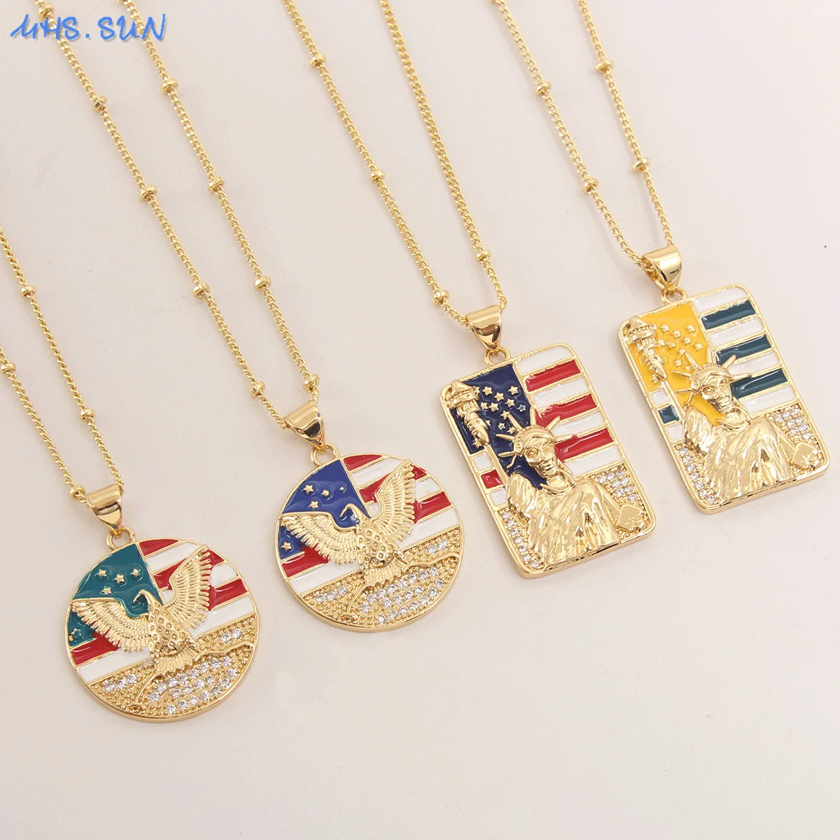 

MHS.SUN Hip Hop American Flag Eagle Pendant Necklaces CZ Zircon Drop Oil Gold Plated Military Soldier Necklace Men Punk Jewelry