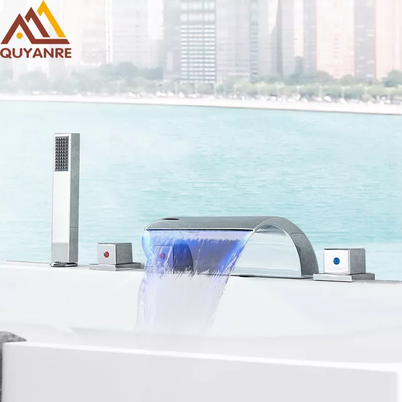 

LED Waterfall Bathtub Shower Faucet Widespread Tub Sink Faucet Three Handles Hot Cold Water Mixer Shower Faucet Bath Tap