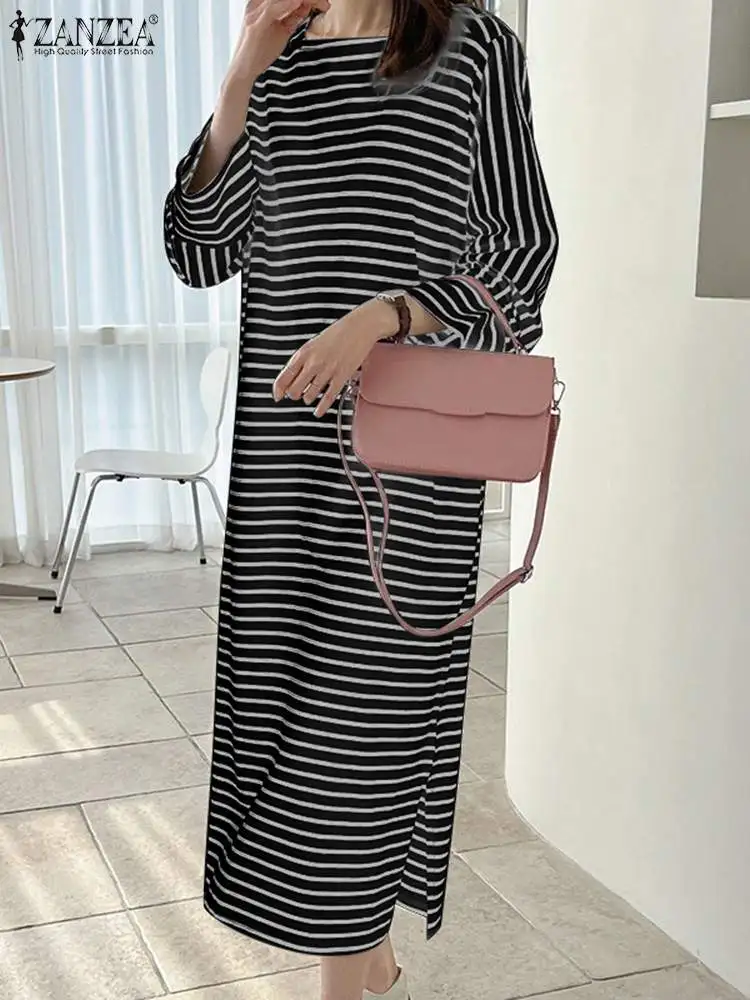

Women Elegant Striped Dress ZANZEA Autumn Fashion Ladies Holiday Vestido Robe Femme 2022 Casual Long Sleeve Kaftan Midi Sundress