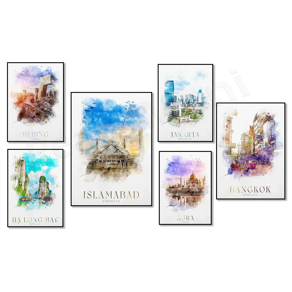 Halong Bay Vietnam Bangkok Thailand China Delhi India Agra Islamabad Pakistan Jakarta Indonesia watercolor travel poster