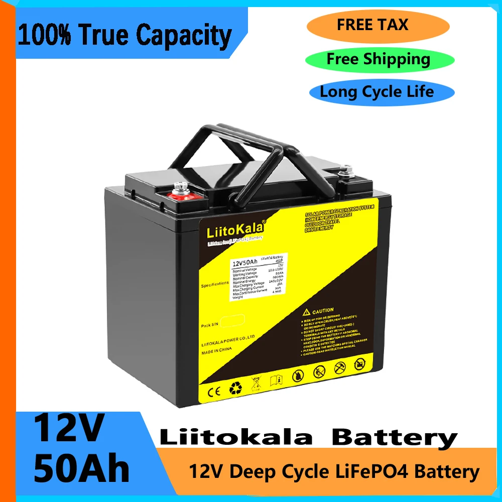 

LiitoKala 12 В 50 Ач глубокий цикл LiFePO4 перезаряжаемый аккумулятор 12,8 В 50 Ач срок службы 4000 с встроенной защитой BMS