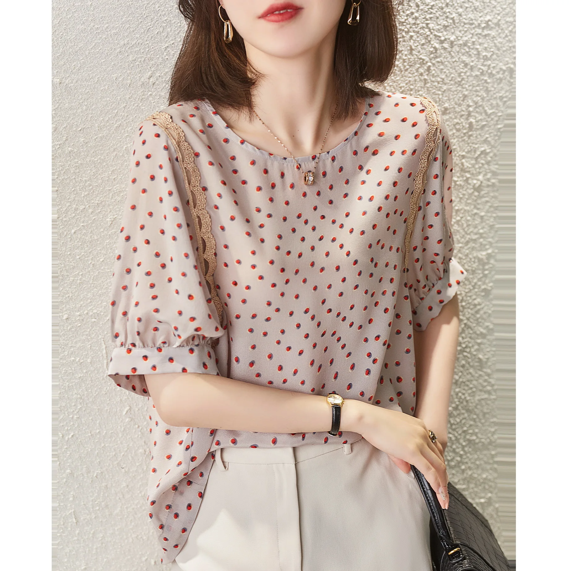 

Модная роскошная женская шифоновая рубашка во французском стиле, женская блузка с принтом, топы с полурукавами на весну и лето, blusa mujer