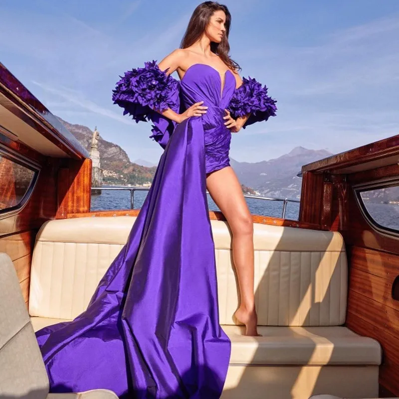 

Magically Charming High Low Prom Dresses 3D Flower Puff Short Sleeves Off The Shoulder Maxi Dresses Sexy Prom Gowns