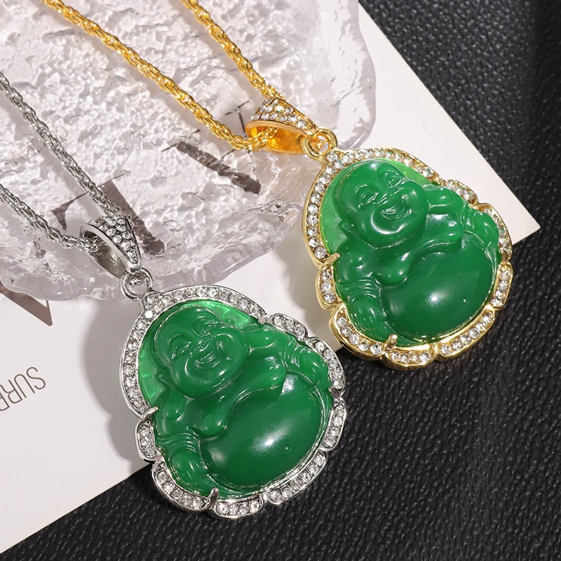 

Vintage Buddhist Green Natural Stone Maitreya Buddha Pendant Necklace Men Women Trend Religious Lucky Jewelry Gift