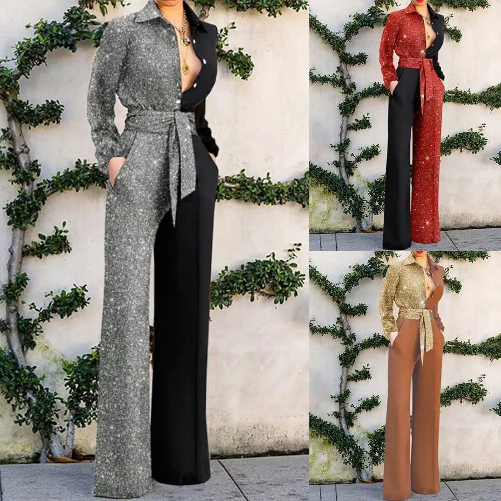 

2022 Turn-Down Collar Long Sleeve Wide Leg Women Jumpsuit Shiny Patchwork Color Belt Pockets Romper Overalls Office Jumpsuit