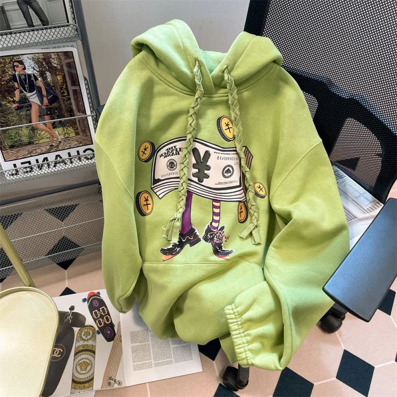 Зеленый свитер с капюшоном женский осенне-зимний новый свободный больших