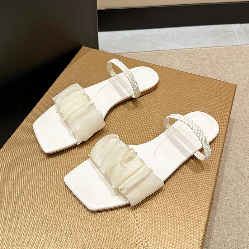 

2023 Summer Women's Slippers PU Face Flats Pleated Solid Color Light Casual Fashion Women's Casual Slippers Oversized