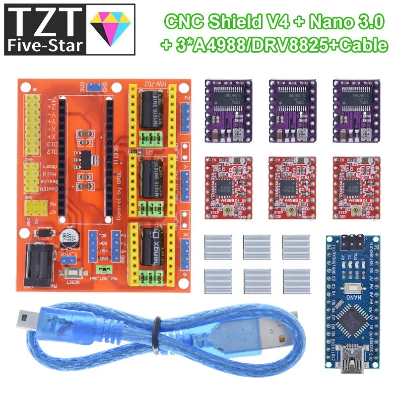 TZT 1 комплект 3DV4 CNC Shield V4 + Nano 3 0 шт. DRV8825 или A4988 Reprap Stepper для Arduino | Электронные