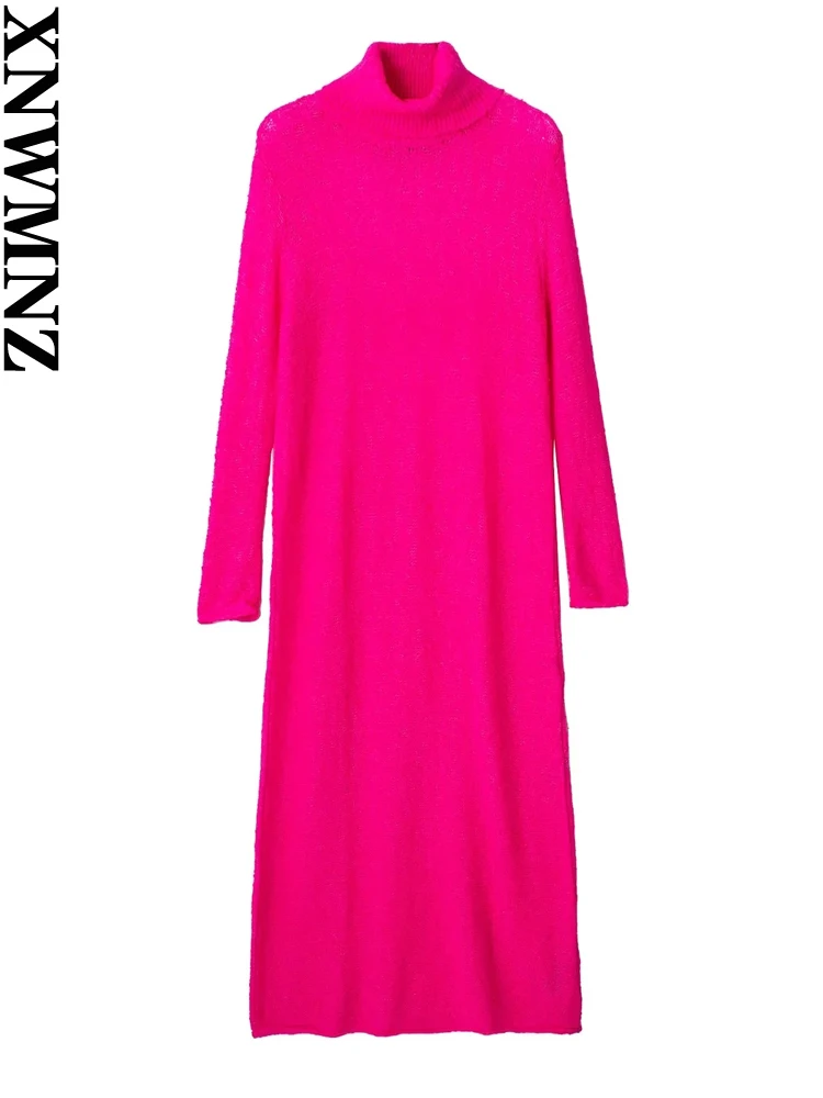 

XNWMNZ 2022 Women's Fashion High Neck Knitted Long Dress Woman Vintage Long Sleeve Loose Casual Female Chic Dresses