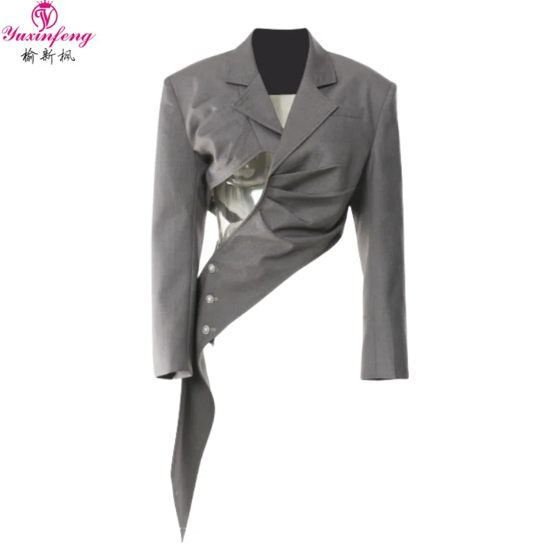Yuxinfeng 2023 Autumn New Irregular Women's Coat Personality Design Hollow Out Long Sleeve Short Slim Ladies Blazers Oversize