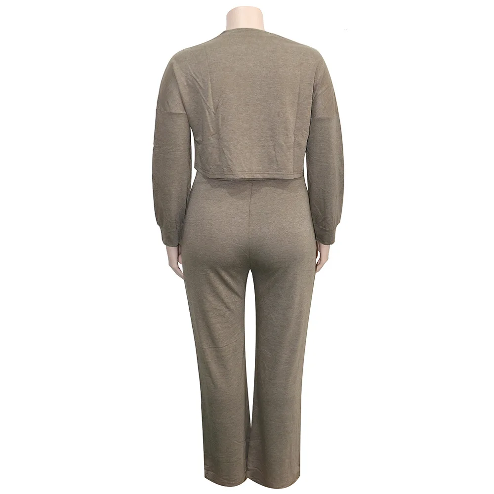 Plus Size Matching Sets Two Piece Sets Womens Outifits Winter Office Lady Solid Long Sleeve O-Neck Elastic Waist Slight Strech