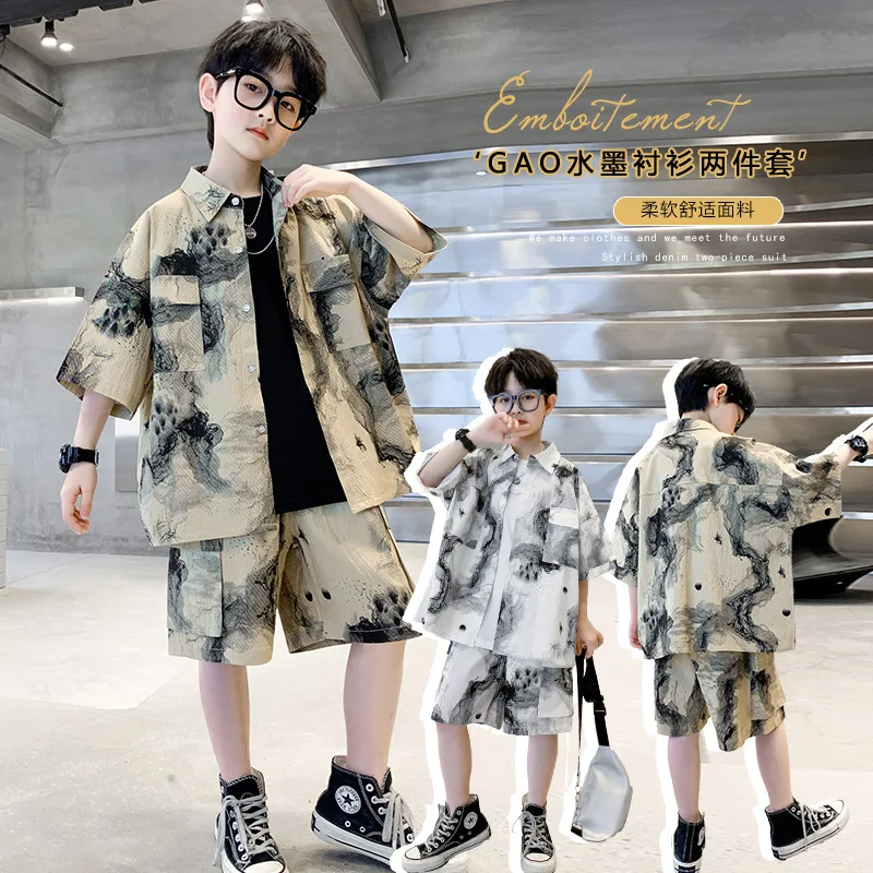 

Boys Suit Summer Foreign Style 2023 New Boy Thin Section Handsome Baby Short-sleeved Clothes 2-piece Sets Children's Clothing