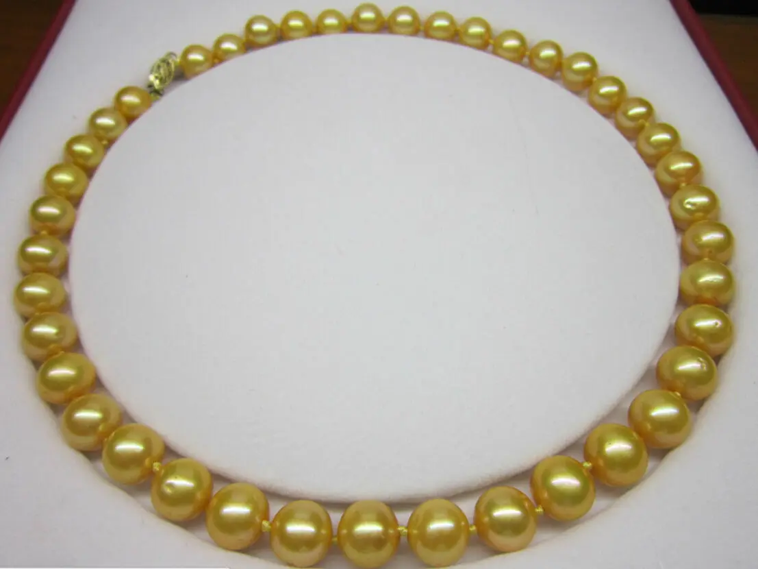 18'' AAAA+ 10-11mm Real natural south sea golden pearl necklace 14k