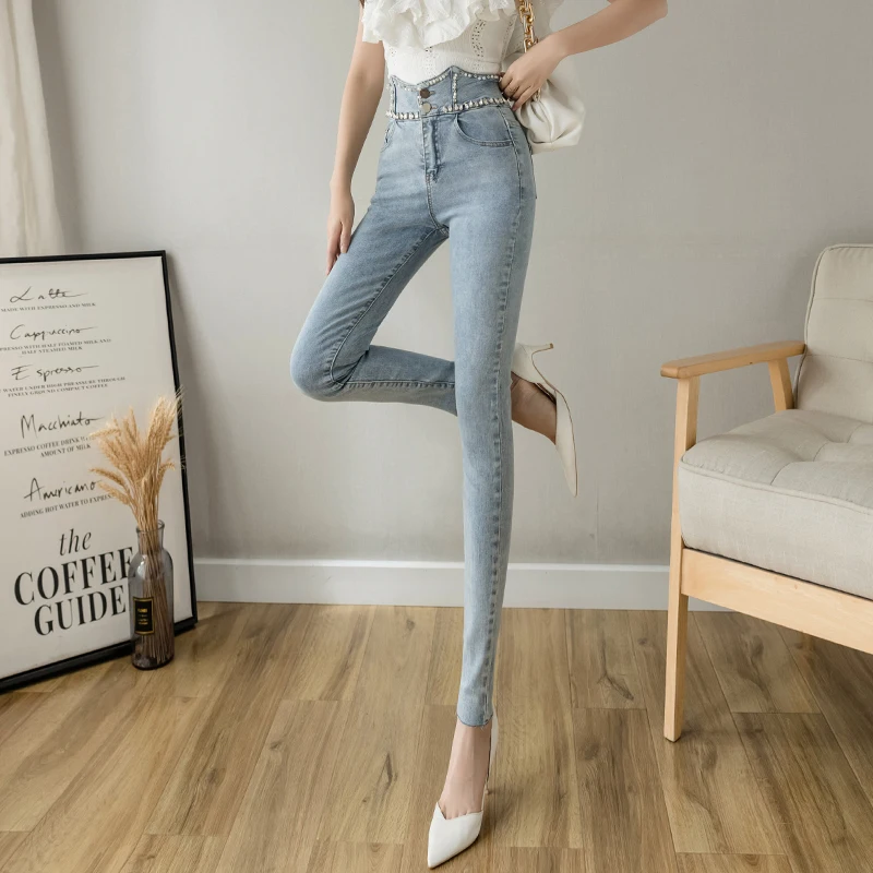 Fashion Streetwear Jeans Women Wave Girding Denim Trousers High Waist Diamonds Beading Slim Pencil Pants