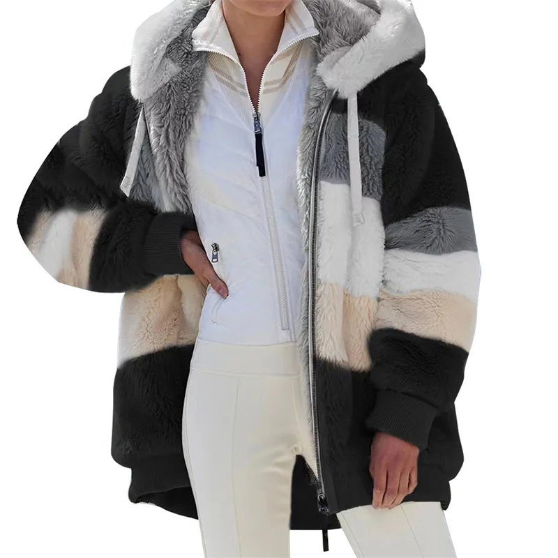 

Winter Women Jacket Warm Plush Casual Loose Hooded Coat Mixed Color Patchwork Winter Outwear Faux Fur Zipper Ladies Parka Coat